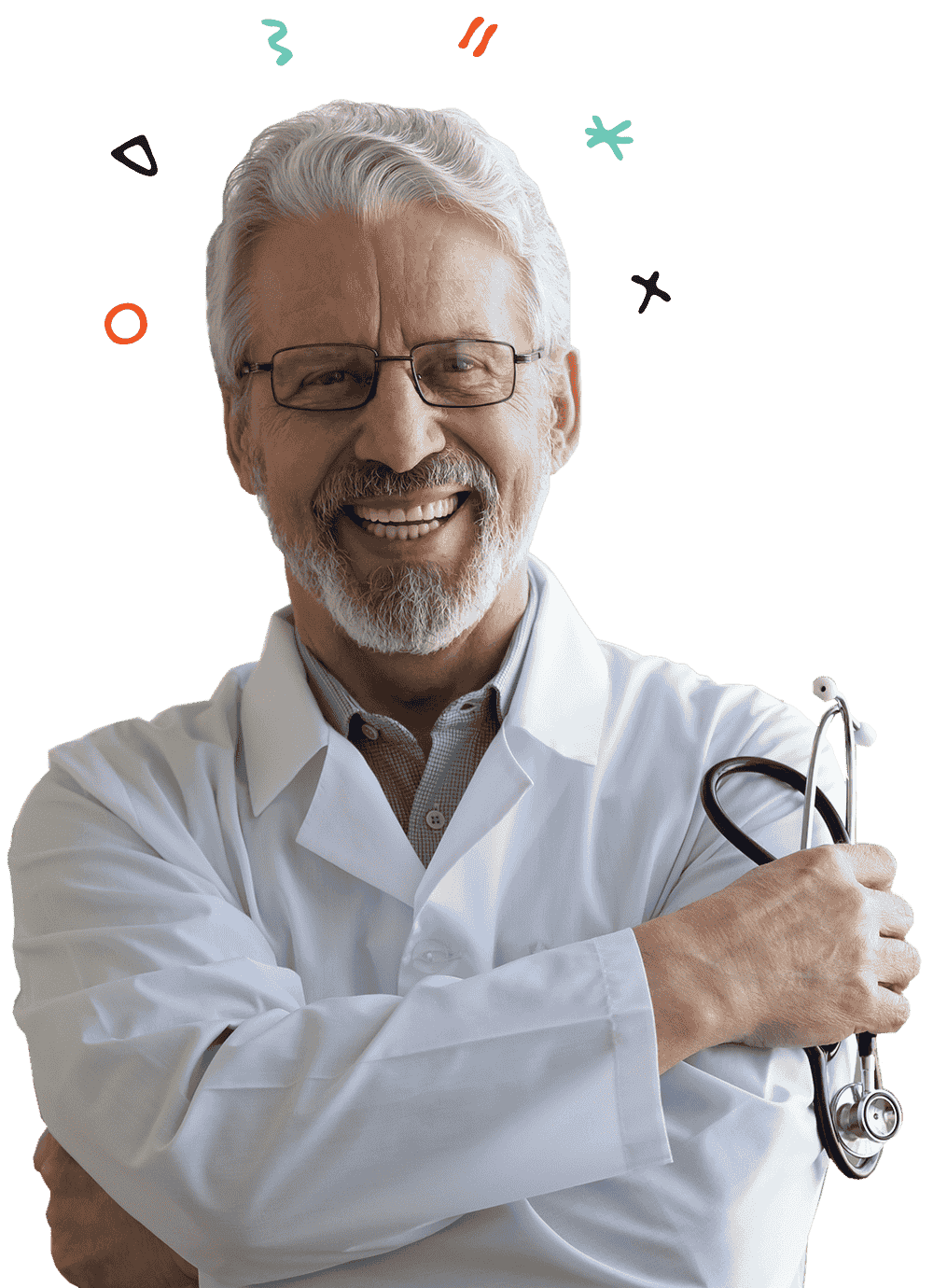 A smiling older man with white hair and glasses, clearly a primary care physician, is wearing a white lab coat and holding a stethoscope. Abstract symbols in various colors float around his head, adding a playful element to the image.